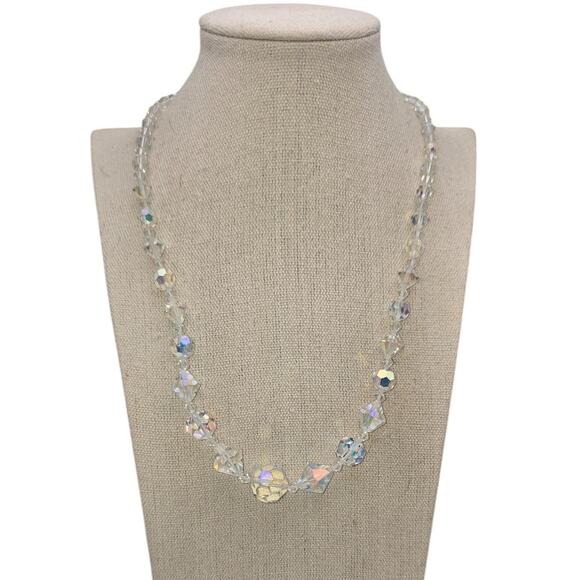 Mid-Century Aurora Borealis AB Beaded Necklace with Ornate Clasp - Picture 4 of 5